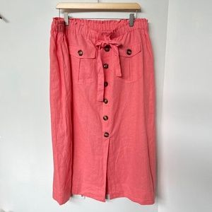 Nanette Lepore Skirt Button Up Linen Blend Orange Elastic Waist Size Large